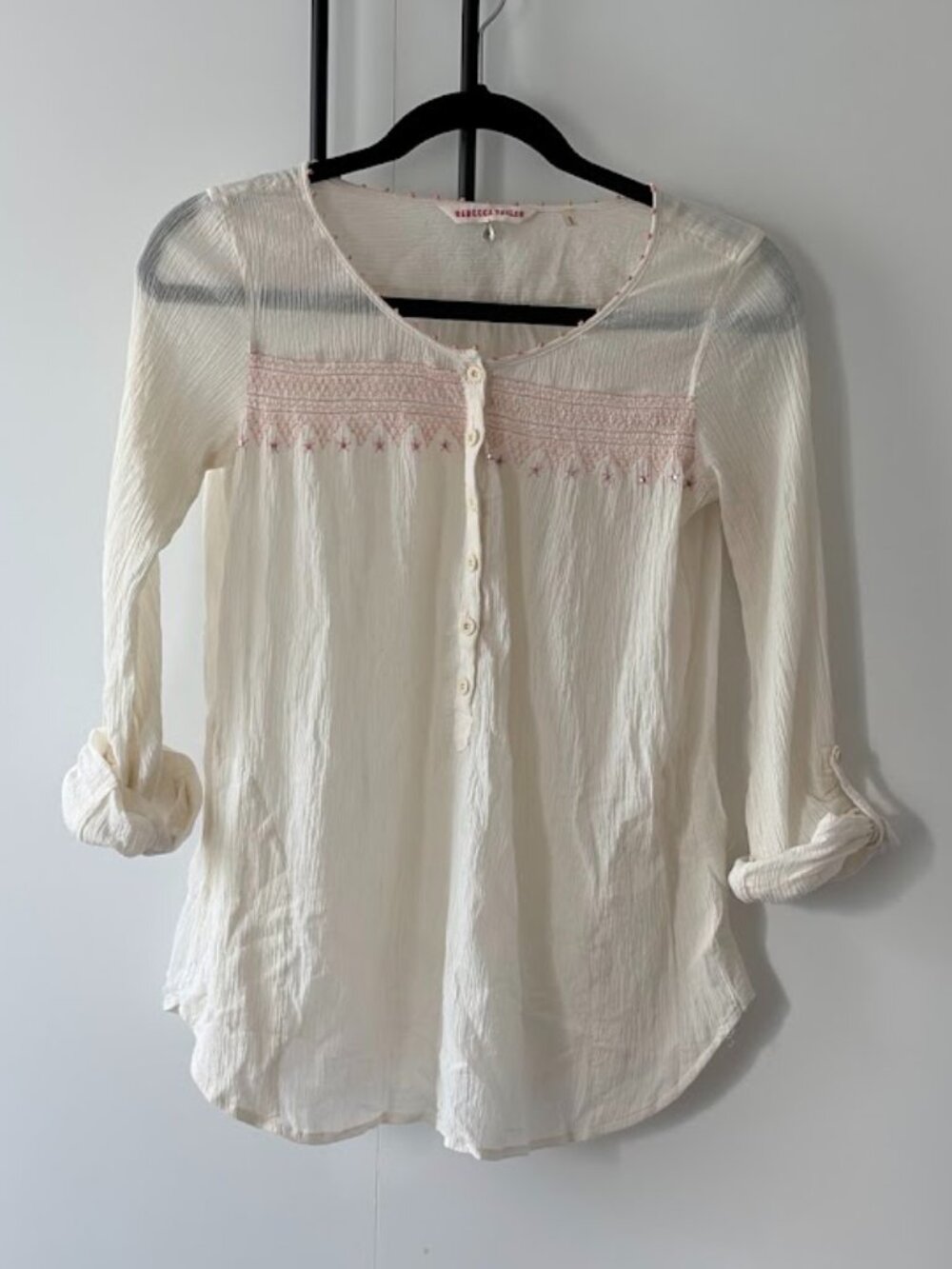 Rebecca Taylor Brushed Cotton Embroidered Popover Blouse Cream Size 2 - Picture 1 of 3